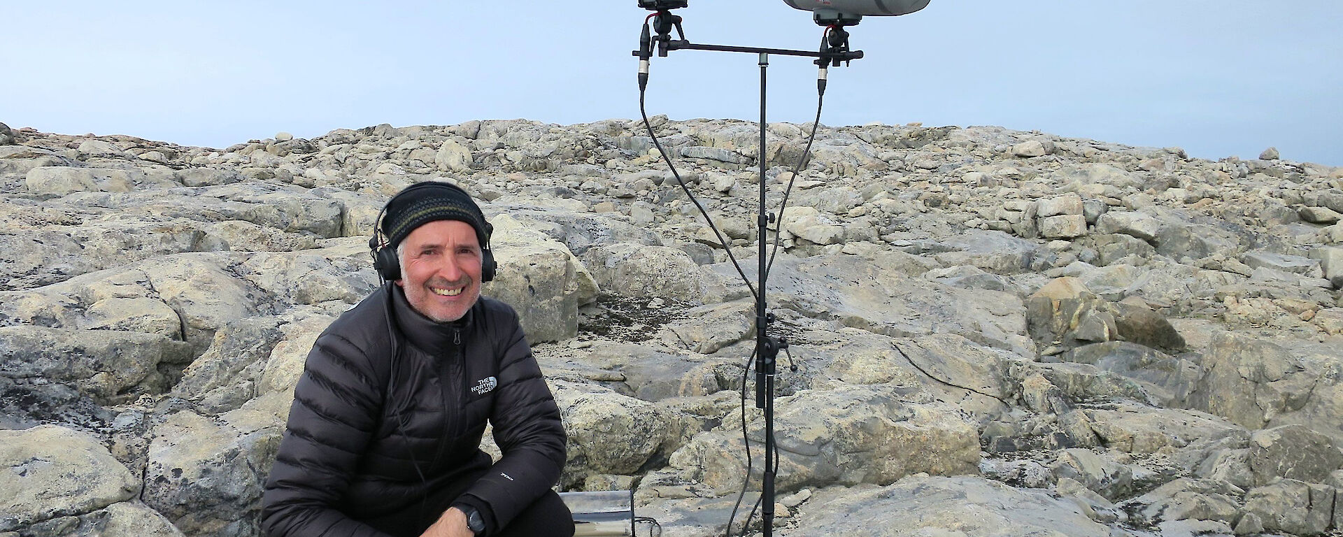 Philip with his sound recording gear at Casey station.