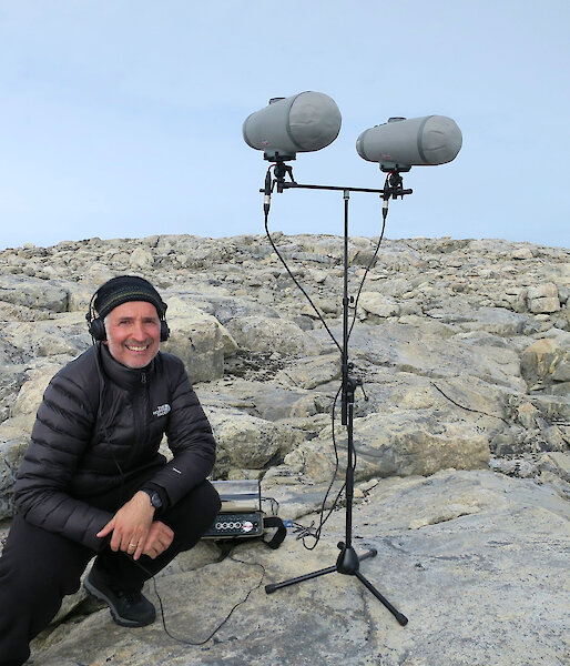 Philip with his sound recording gear at Casey station.