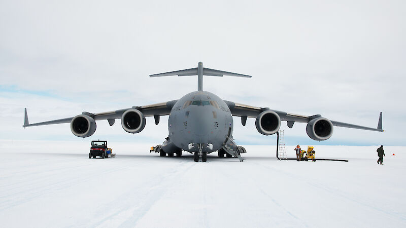 The C17-A Globemaster aircraft at Wilkins Aerodrome in East Antarctica.