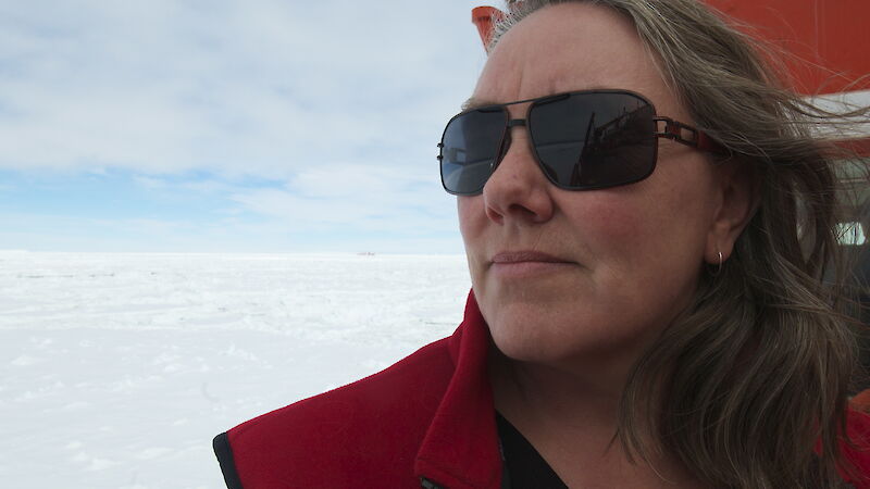 Leanne Millhouse on the deck of the Aurora Australis.