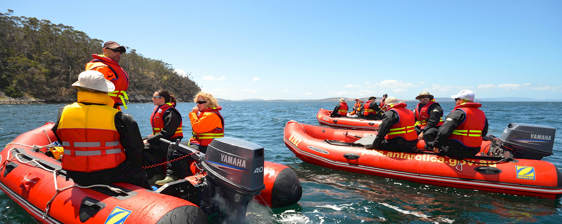 Expeditioners undertake small boat training in Tasmania.