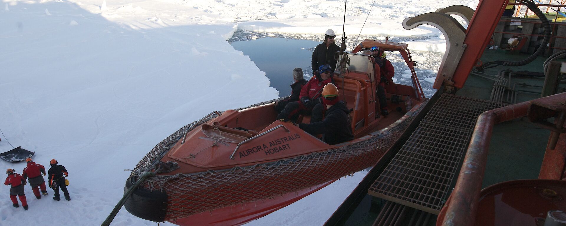 The Aurora Australis’ fast rescue craft lifts passengers from the stricken Russian vessel Akademik Shokalskiy, which became trapped in thick sea ice in 2013, from a sea ice floe on to the Australian ship.