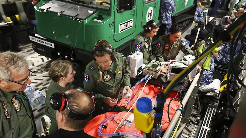 The Royal Australian Air Force Aero-Medical Evacuation Squadron, on board a C17-A aircraft bound for Wilkins Aerodrome.