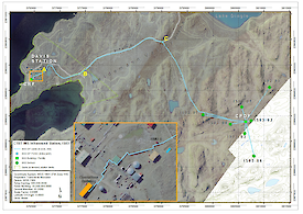 Figure 1. Location of the IS03 site (array of green circles around the square) and the cable runs (blue lines) back to Davis.
