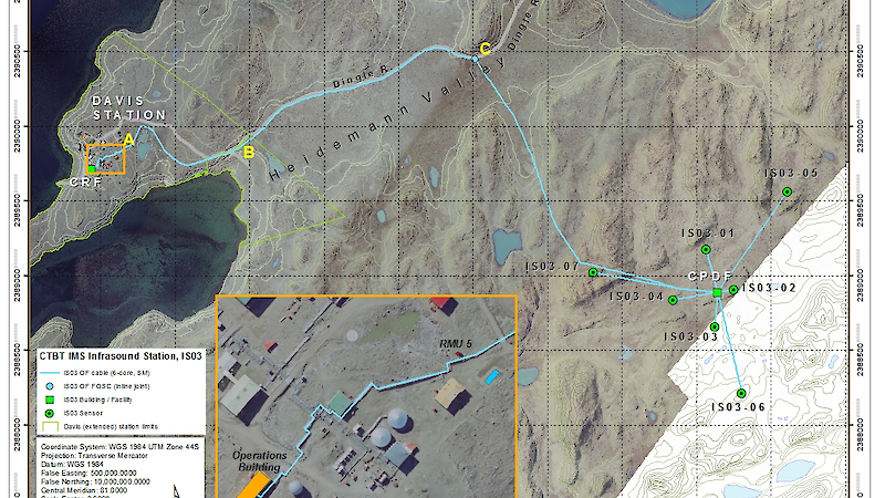 Figure 1. Location of the IS03 site (array of green circles around the square) and the cable runs (blue lines) back to Davis.