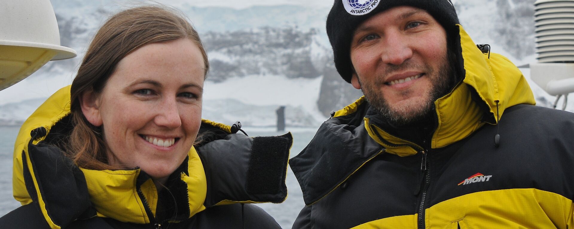 Elanor and Brian Miller on the deck of an icebreaker ship in Antarctica.