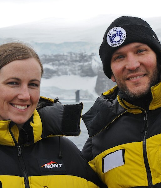 Elanor and Brian Miller on the deck of an icebreaker ship in Antarctica.