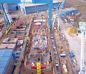 An aerial view of the Nuyina in dry dock in Romania 2017.