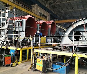 The forward thruster tunnels under construction in the Damen shipyards.