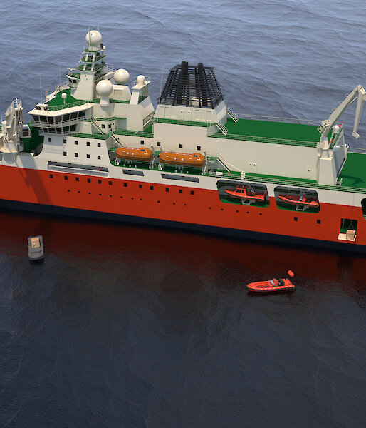 An artist’s impression showing the two barges and a personnel transfer tender in the water. The science tender is located mid-ship and the stern tender at the stern of the vessel.