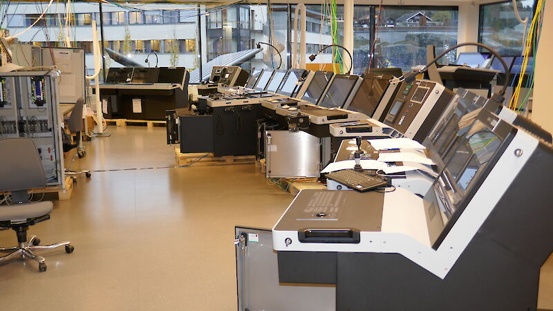 The front of bridge consoles undergoing a Factory Acceptance Test in Norway in November.