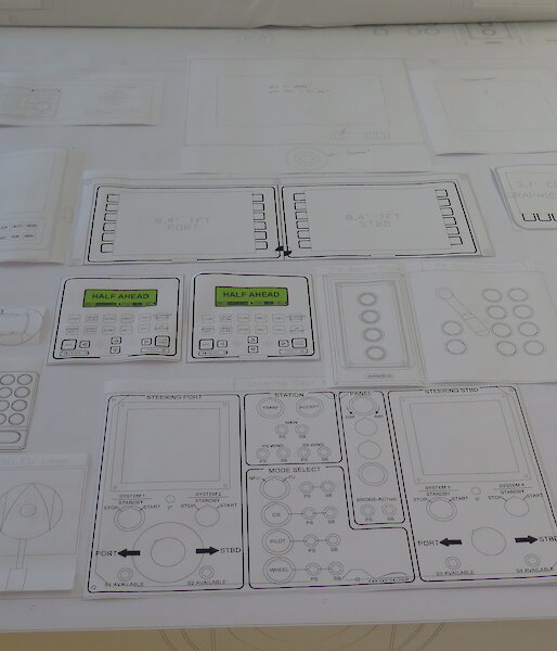 A 1:1 scale mock-up on paper of the central conning console.