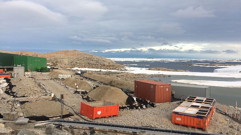 A series of dirt piles — biopiles — constructed at Casey research station.