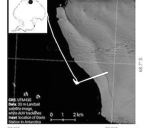 A satellite map of the Sørsdal Glacier showing the AUV tracks.