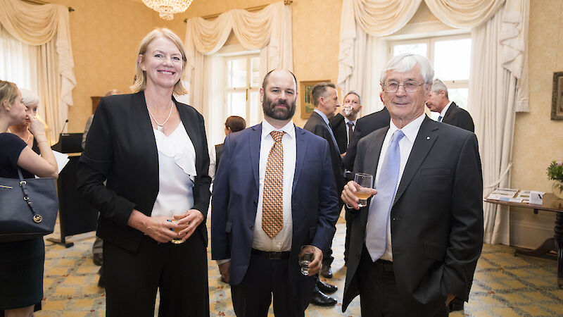 L-R: ASF Executive Director Chrissie Trousselot, Australian Antarctic Division Program Leader Dr Dirk Welsford, and Founding Donor Dick Smith, at His Excellency Sir Peter Cosgrove’s patron’s event for the ASF, Admiralty House, 2018.