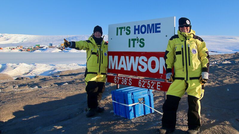 Jesse and Jane at the Mawson station sign.