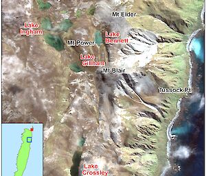 This map shows the location of lakes on Macquarie Island, named after five pioneering women.
