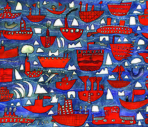 A colourful red, blue and white artwork, combining children's drawings of a ship and white icebergs on a blue background.