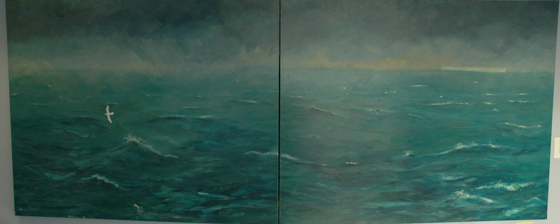 Painting, diptych, oil on canvas, stretched over frame. Two equal sized panels. Scene is Green sea, stormy sky a tabular iceberg and a snow petrel.