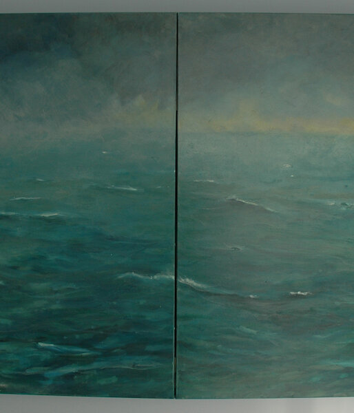 Painting, diptych, oil on canvas, stretched over frame. Two equal sized panels. Scene is Green sea, stormy sky a tabular iceberg and a snow petrel.