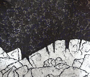 A painting with white shapes on a dark background. The surface is highly textured with stitching in the canvas below the paint.