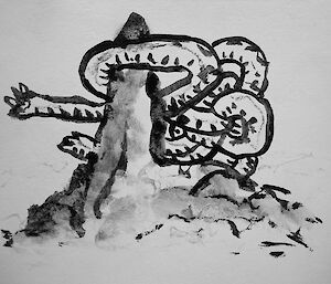 black and white drawing on paper showing nunatak and a rope with knots