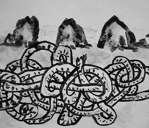 black and white drawing on paper showing nunatak and a rope with knots