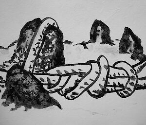 black and white drawing on paper showing nunatak and a rope with knots