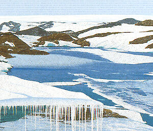 Vestfold Hills illustrated by Sally Robinson showing Antarctic landscape