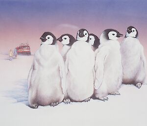 Emperor créche by Trish Hart – artwork shows a creche of emperor chicks with a Hägglunds and 2 people in background