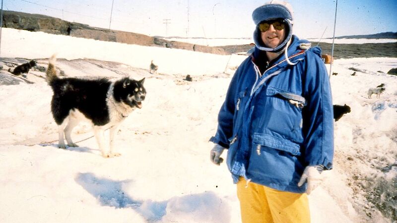 Tim Bowden with huskies in snow
