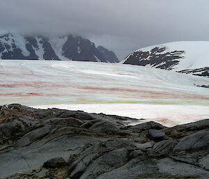 Algae on ice creating green and brown stripey bands with mountains in background