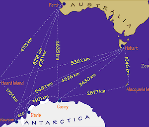 Map of distances between Australia, Antarctic stations and subantarctic locations