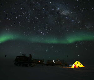 Field camp with aurora overhead