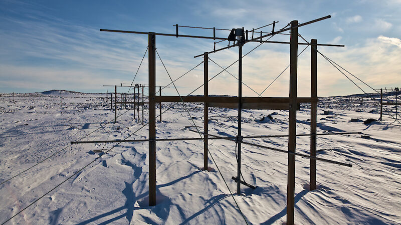 Various wooden poles make up the Davis meteor radar