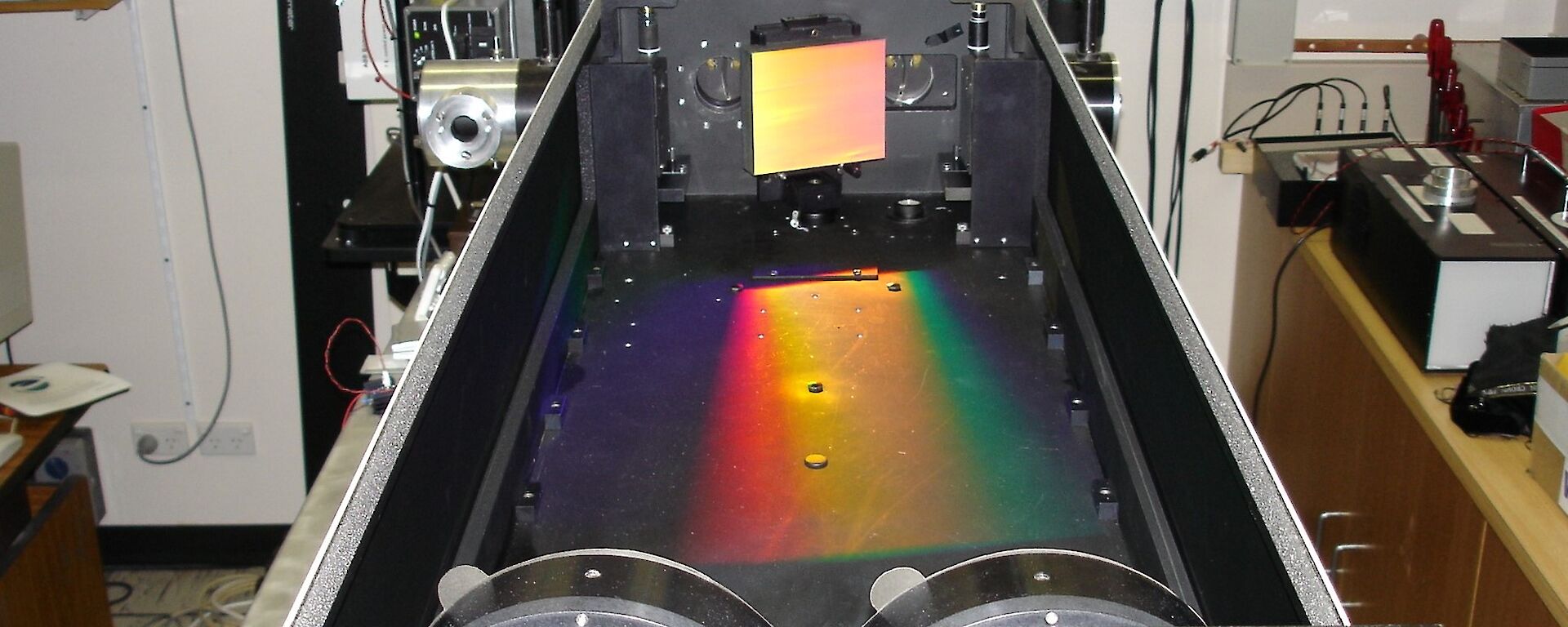 Spectrometer in the optical laboratory at Davis station, Antarctica — looks like a rainbow in a metal box