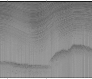 Radar image of the lower half of the East Antarctic ice sheet, with a thicker line indicating the bedrock.