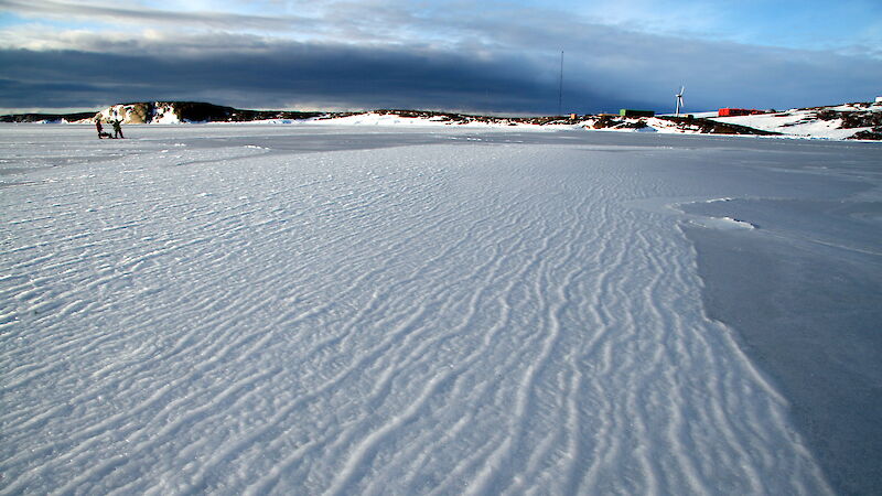 An expanse of ice with two figures in the distance.