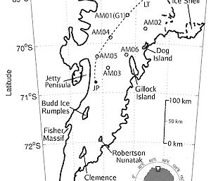 Location of the six Amery Ice Shelf Ocean Research borehole sites on the Amery Ice Shelf