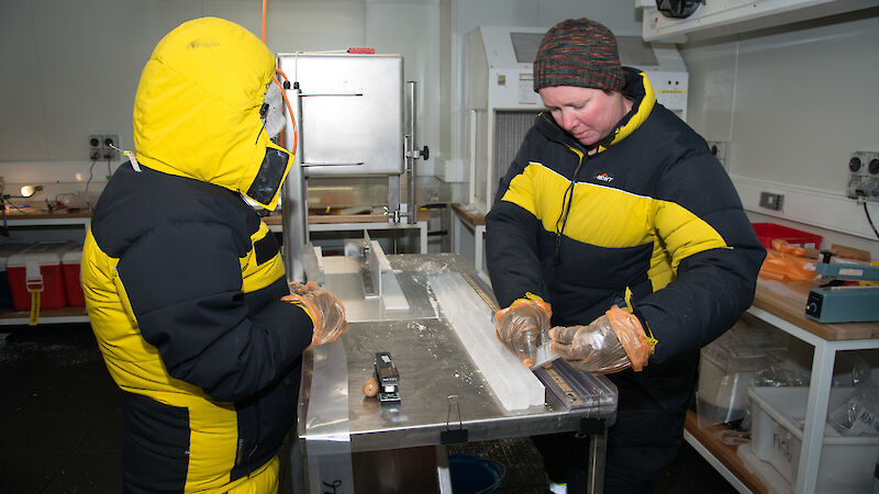 Two scientists examining an ice core in the lab