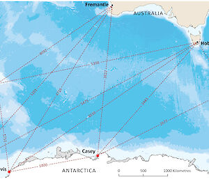 A map showing Antarctic distances.