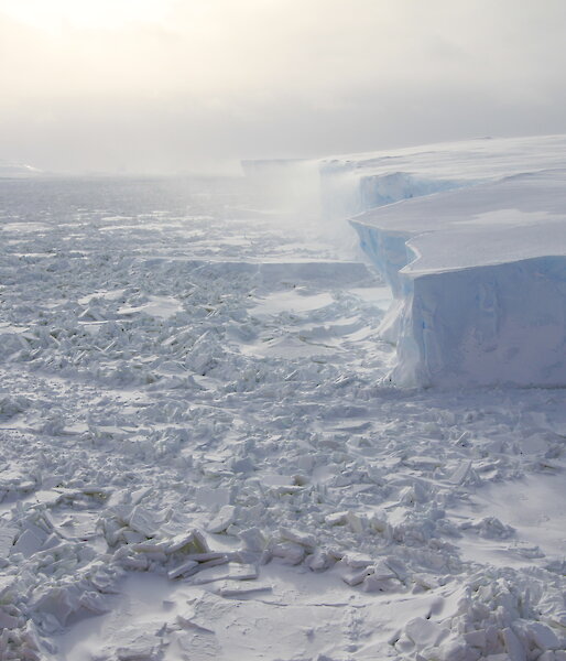 Ice cliffs above an uneven ice surface, viewed from the air.