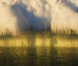 A shelf of ice above the water.