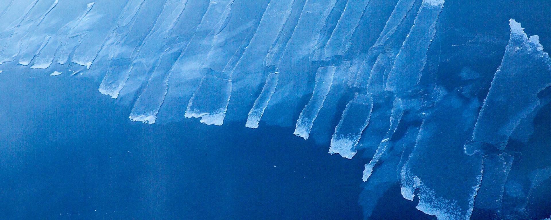 Fingers of thin nilas ice covering dark blue water viewed from the air