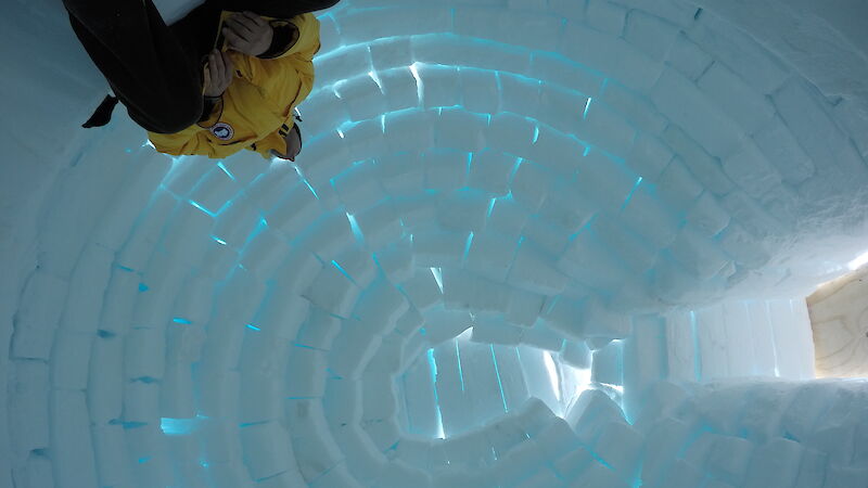 Inside of igloo or ice hut looking directly up, the ice blocks have a blue tinge from the outside light, one side is an entry way and on the other side a person in cold weather gear