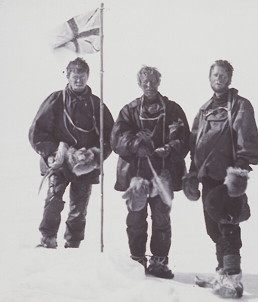 First at the South Magnetic Pole — left to right: A Forbes Mackay, T W Edgeworth David, D Mawson