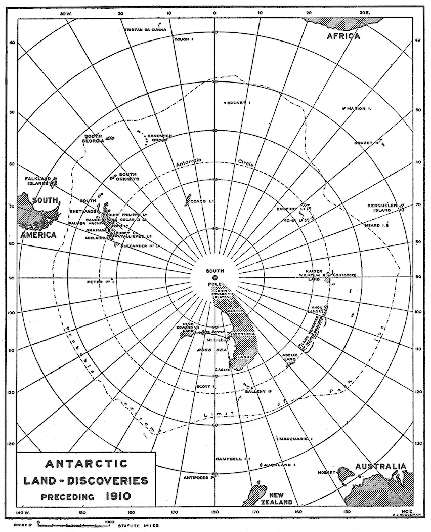 Map detailing Antarctic land discoveries preceding the year 1910.