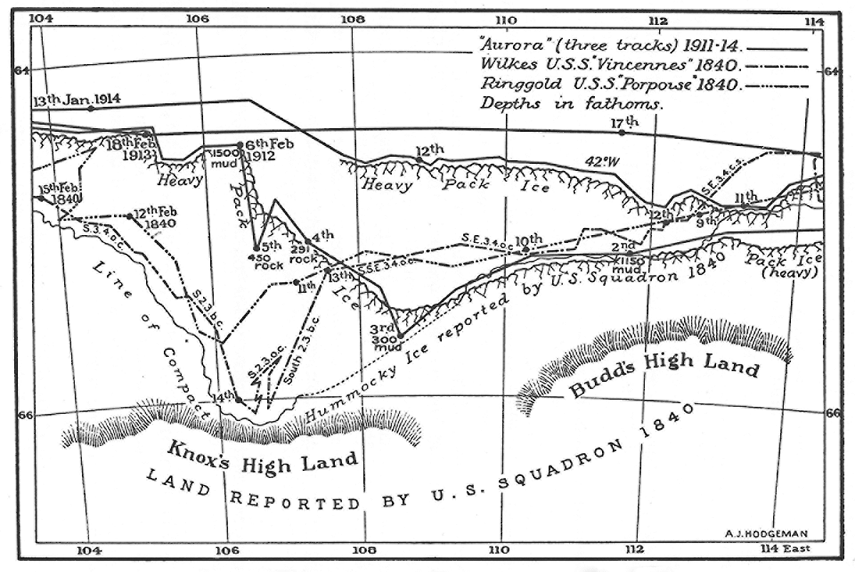 Map detailing the ships’ tracks in the vicinity of Knox Land and Budd Land.
