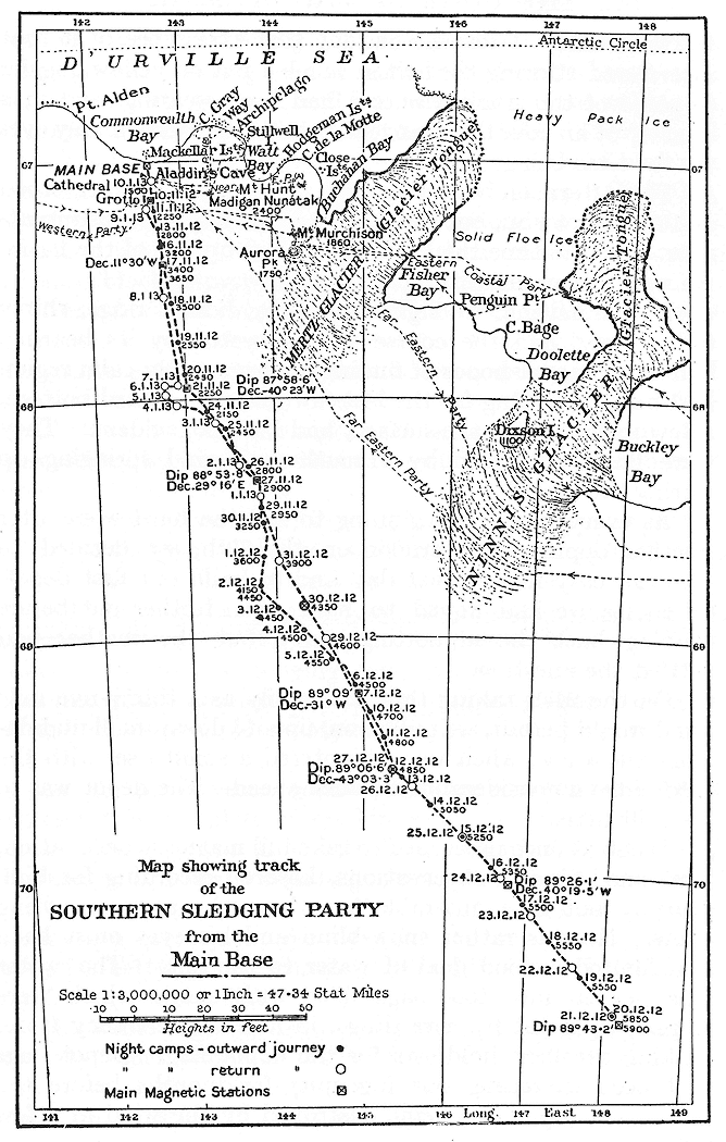 Map showing track of the southern sledging party from the Main Base.