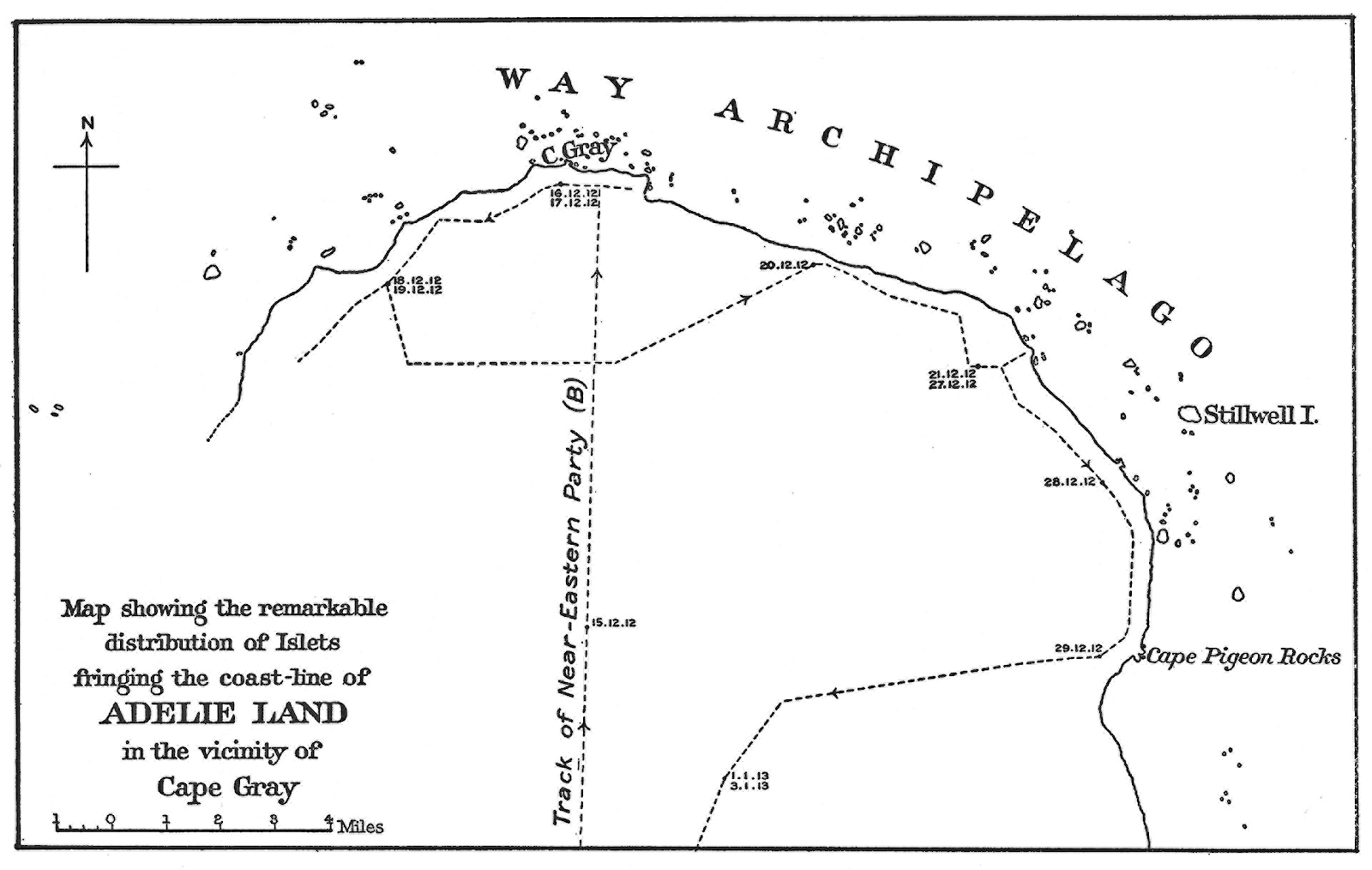 Map showing the remarkable distribution of islets fringing the coast of Adélie Land in the vicinity of Cape Gray.